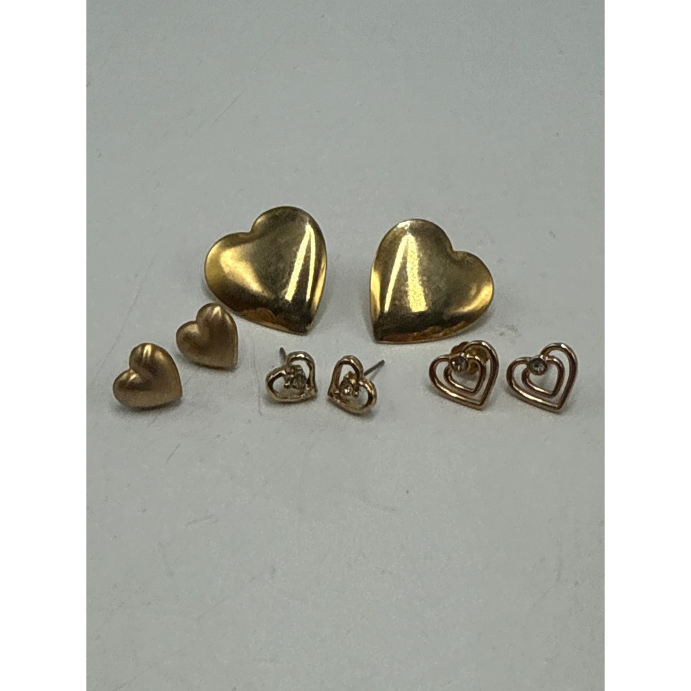 Gold Tone Heart Stud Earrings Set 4 Pairs Assorted Sizes Rhinestone